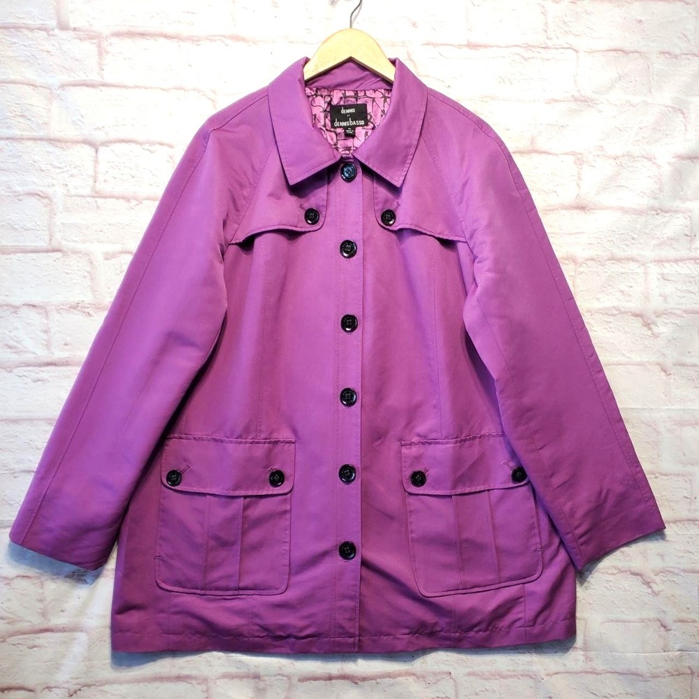 Dennis Basso Rain Coat‎ Womens XL Purple Mid Length Button Front Trench Spring